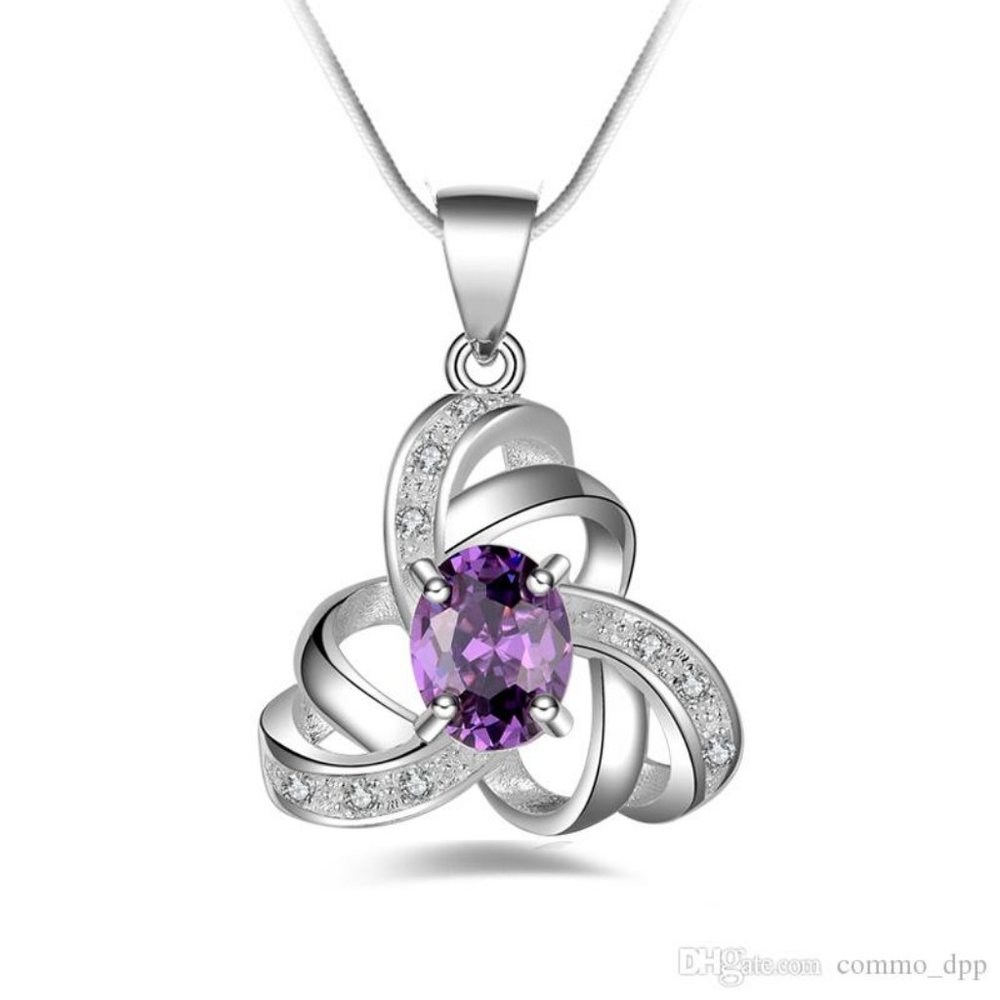 .925 Sterling Silver Purple Gemstone and CZ Pendant Necklace w/17" Snake Chain